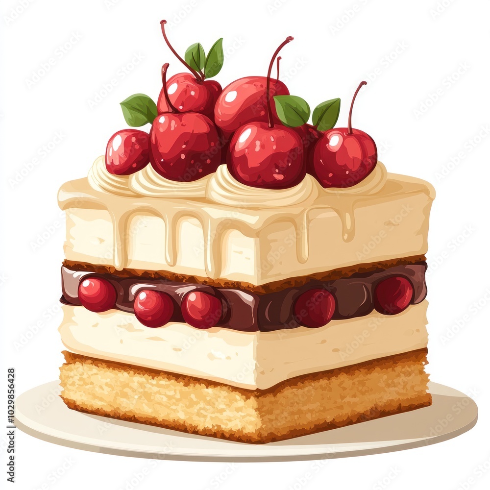 Illustrated Delicious Dessert Cake with Cherries Illustrated Delicious Dessert Cake with Cherries