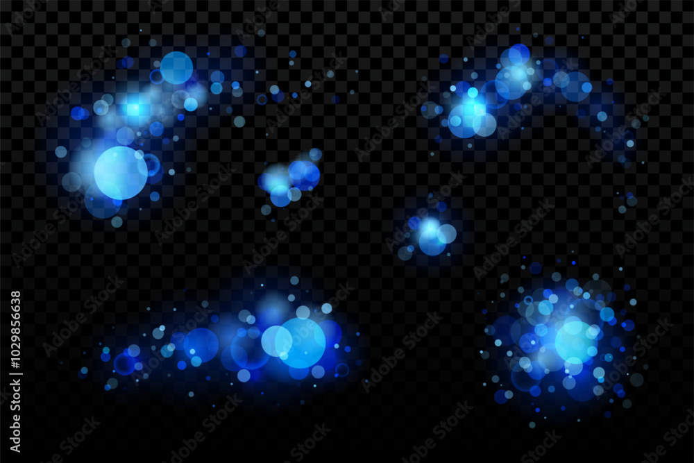 Obraz premium Blue bokeh effect vector set. Realistic transparent overlay background, magic snow glow with sparkles. Christmas night light glitter decoration.