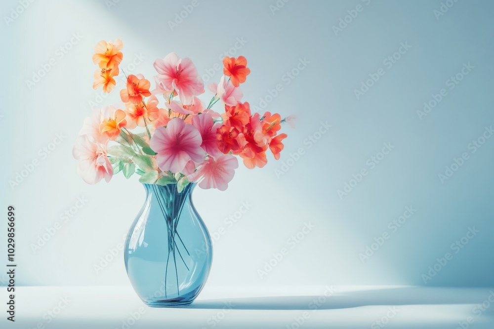 glass flowers in vase with flower on light blue background glass flowers in vase with flower on light blue background