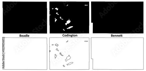 Beadle, Bennett and Codington County, State of South Dakota (U.S. county, United States of America, USA, U.S., US) map vector illustration, scribble sketch map