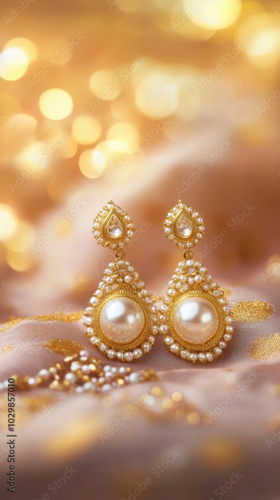 Glamorous pearl and gold earrings, on warm taupe background, with subtle bokeh lights in background, Copy space, happy Diwali background, traditional, Indian festival Glamorous pearl and gold earrings, on warm taupe background, with subtle bokeh lights in background, Copy space, happy Diwali background, traditional, Indian festival