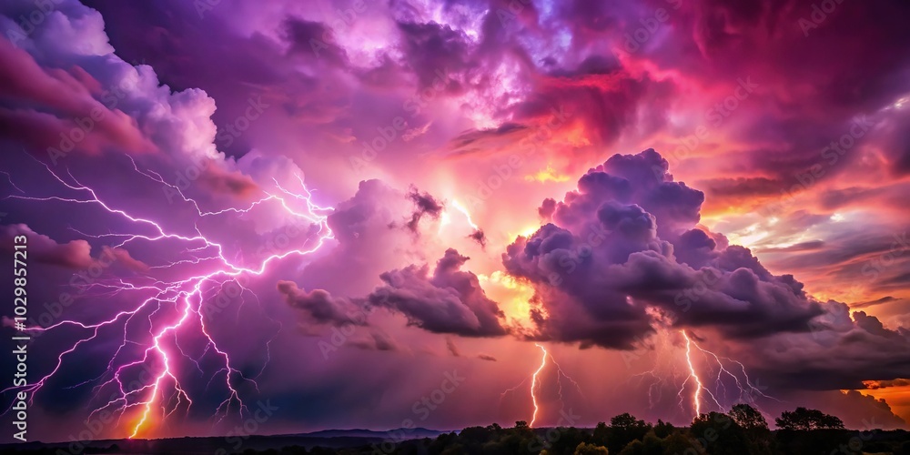 Fototapeta premium Tilted angle purple and reddish clouds with lightning in the sky