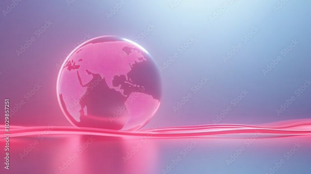 A globe with pink dots on it is floating on a blue background. The globe is surrounded by a pink line, which gives the impression of a wave. Concept of movement and fluidity A globe with pink dots on it is floating on a blue background. The globe is surrounded by a pink line, which gives the impression of a wave. Concept of movement and fluidity