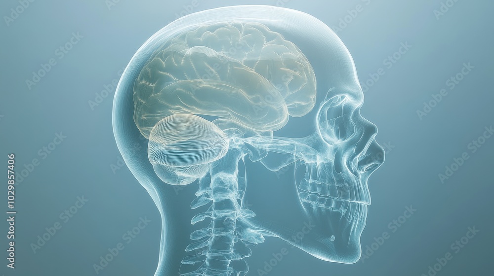 A skull with a brain inside of it. The skull is in a blue color A skull with a brain inside of it. The skull is in a blue color