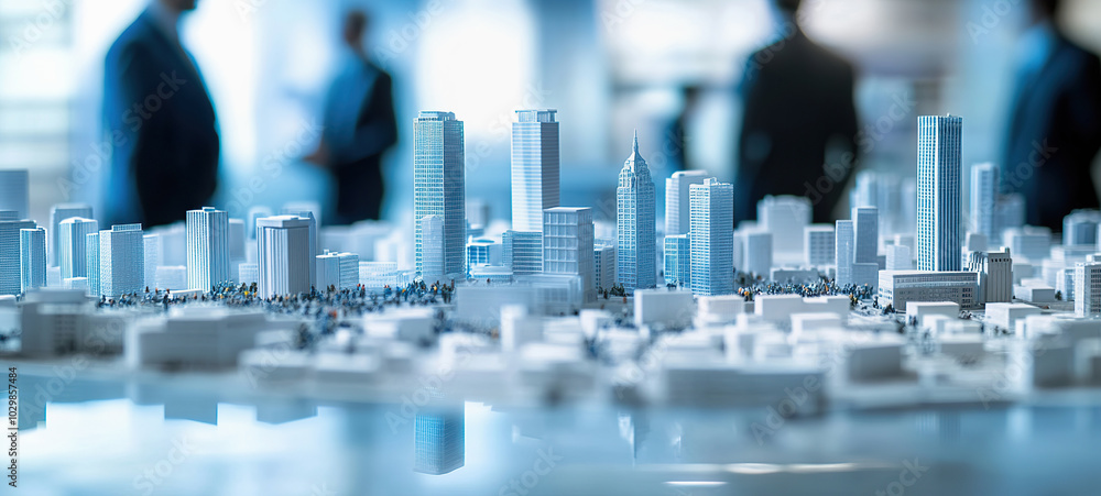 Miniature Cityscape Model with Business Professionals in Background, urban development concept Miniature Cityscape Model with Business Professionals in Background, urban development concept