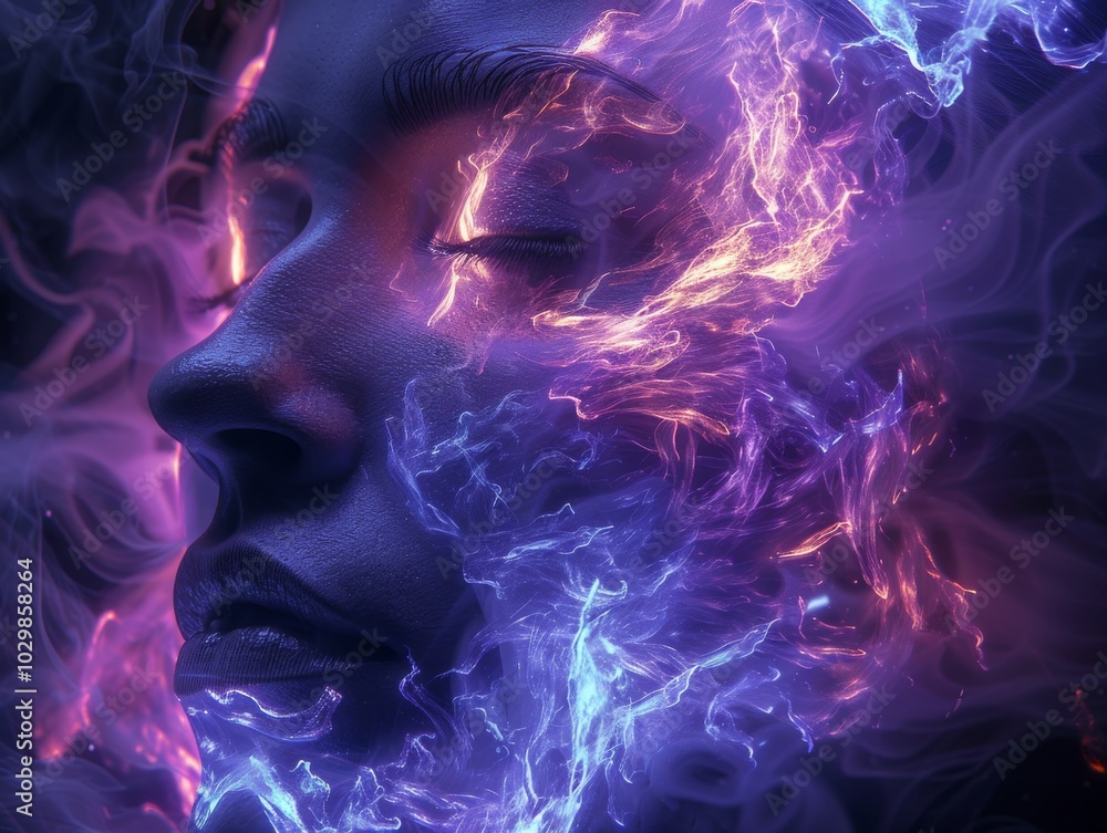 Closeup of a woman face surrounded by glowing purple and blue energy, creating a surreal and dreamlike visual effect of spark plasma Closeup of a woman face surrounded by glowing purple and blue energy, creating a surreal and dreamlike visual effect of spark plasma