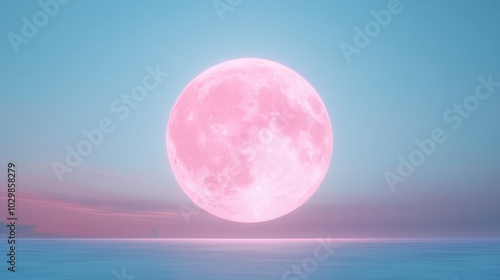 A large pink moon is floating in the sky above a calm blue ocean. The scene is serene and peaceful, with the moon casting a soft glow on the water