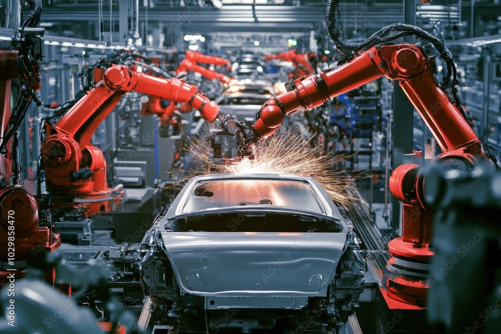 A team of automated robots attaching car bumpers in a highly efficient A team of automated robots attaching car bumpers in a highly efficient