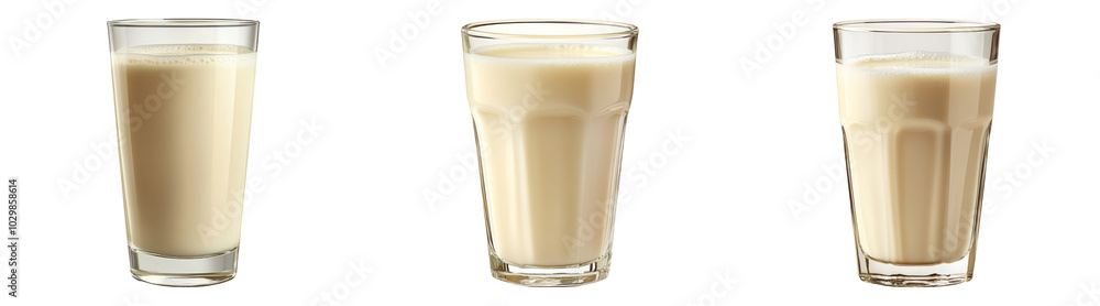 Plant-based milk in glass cups isolated on transparent PNG, ideal for vegan product packaging and healthy beverage menus Plant-based milk in glass cups isolated on transparent PNG, ideal for vegan product packaging and healthy beverage menus