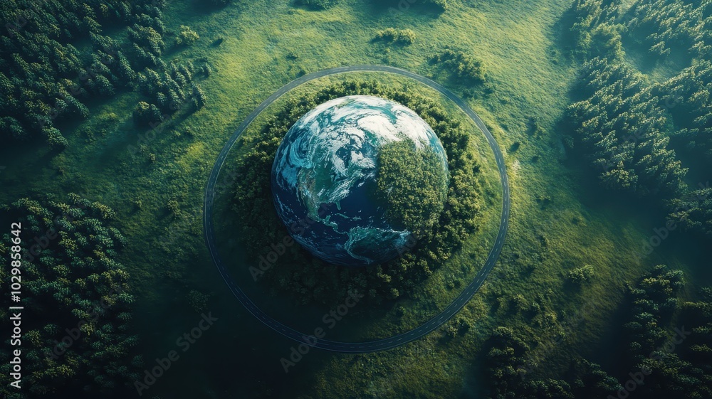 Fototapeta premium Aerial view of car in green forest with icons representing eco-friendly transport,Clean and greenhouse-free green transport concept in electric drive mode,top view,save world.