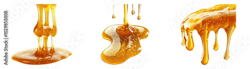 Honey dripping isolated on transparent PNG, ideal for food packaging and natural product ads photo