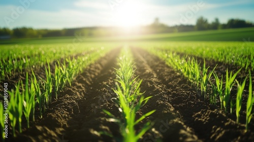 Field of young wheat seedlings growing under bright sunlight in an agricultural landscape with soft green hues