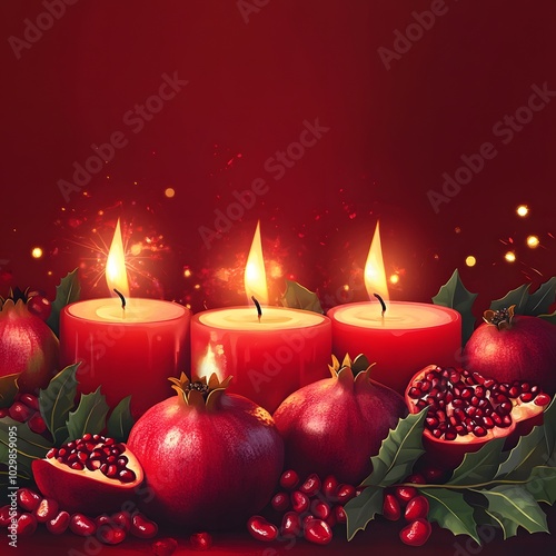 burning candles surrounded by pomegranates