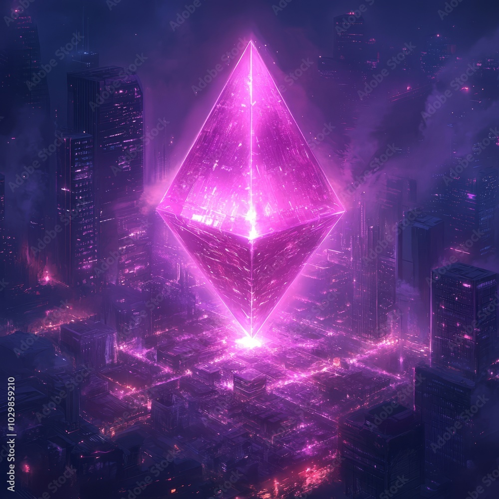 A glowing pink diamond shape stands above a futuristic cityscape. A glowing pink diamond shape stands above a futuristic cityscape.