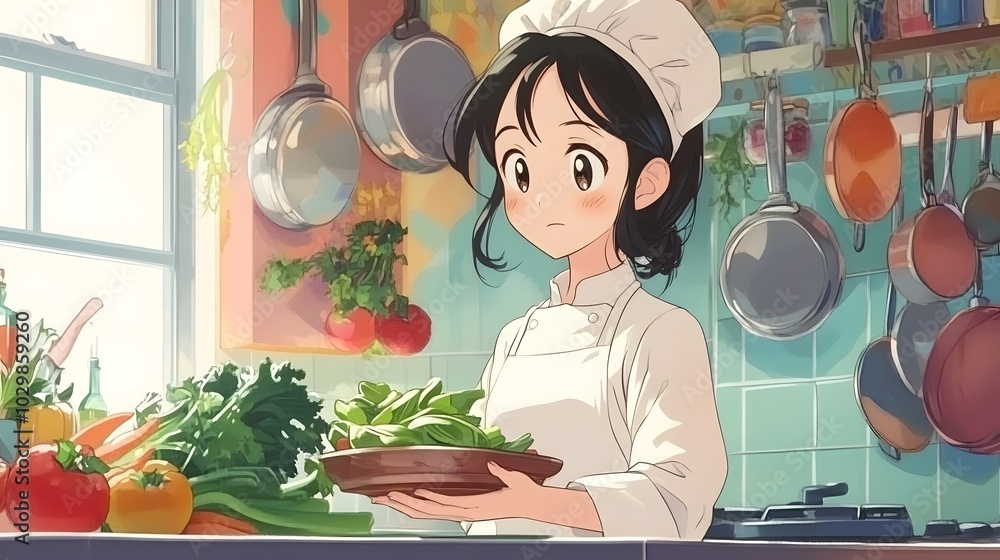 Young asian woman chef cooking preparing a food wearing uniform in kitchen at home restaurant. Cute watercolor illustration, lofi anime girl manga style, modern 3d digital artwork background banner Young asian woman chef cooking preparing a food wearing uniform in kitchen at home restaurant. Cute watercolor illustration, lofi anime girl manga style, modern 3d digital artwork background banner