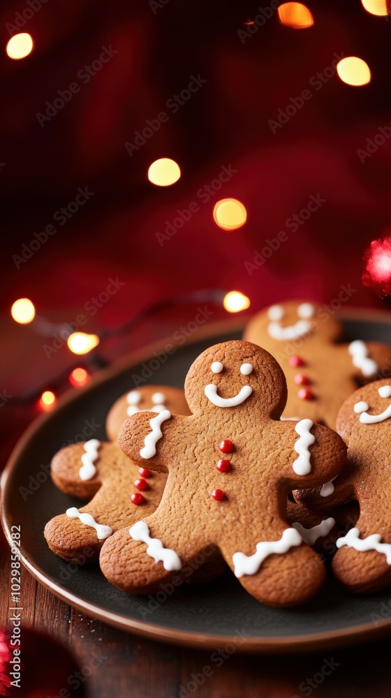 Plate of freshly baked gingerbread men on a wooden table, with a deep crimson background and a string of glowing lights, copy space, Merry Christmas background, festive baking display, holiday Plate of freshly baked gingerbread men on a wooden table, with a deep crimson background and a string of glowing lights, copy space, Merry Christmas background, festive baking display, holiday
