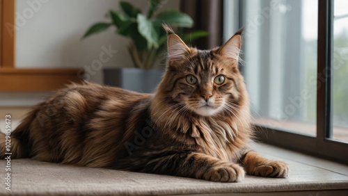 Brown maine coon cat laying on the floor indoor