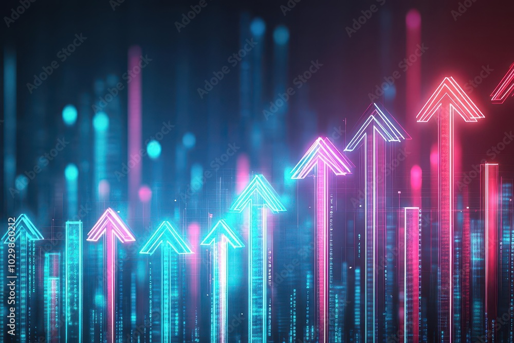 Upward arrows breaking through a barrier, signifying business success, neon style, dark background, glowing vibrant red and blue hues Upward arrows breaking through a barrier, signifying business success, neon style, dark background, glowing vibrant red and blue hues