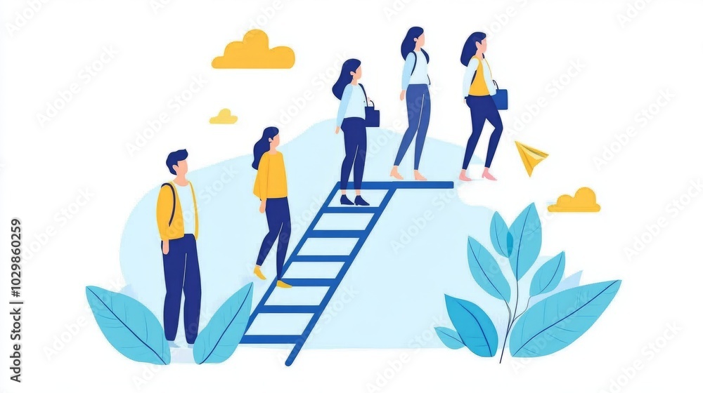 Obraz premium Career level, job position or company hierarchy, challenge to improve or career development, step to achieve goal or growth, ladder of success concept, people employee climb ladder to next level