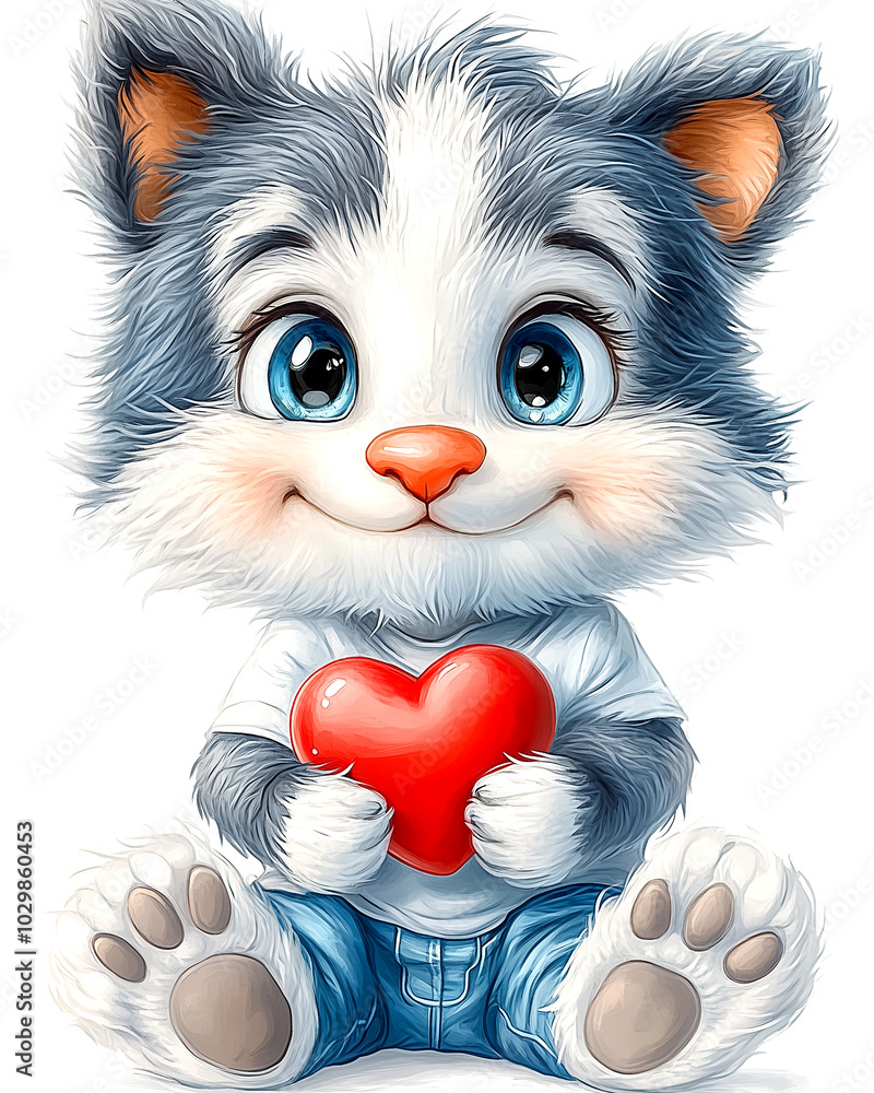 Obraz premium A cute cat is holding a red heart in its mouth. The cat is smiling and he is happy