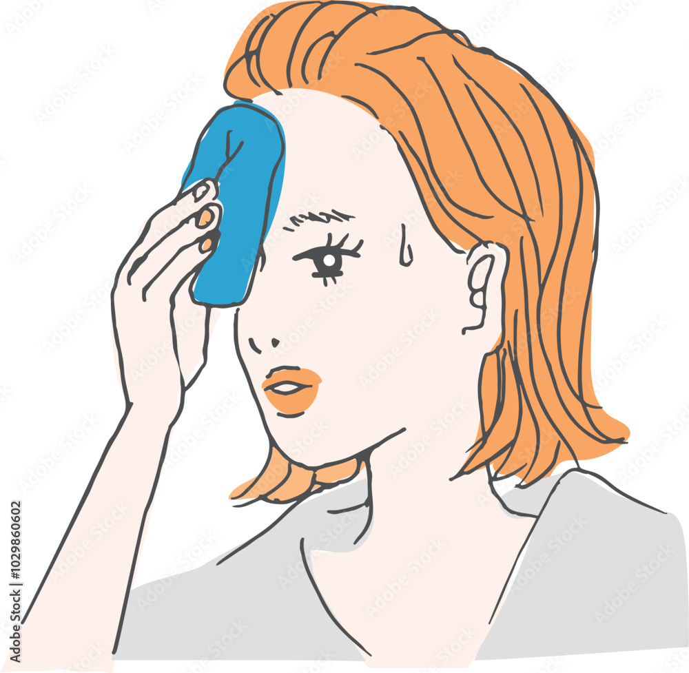 A woman wipes sweat with a handkerchief. She is hot after exercising. A woman wipes sweat with a handkerchief. She is hot after exercising.