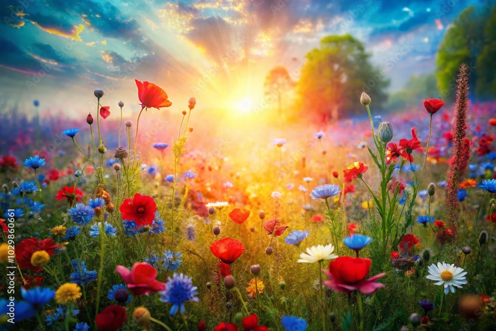 Obraz premium Enchanted Meadow Double Exposure: Red and Blue Floral Symphony Pattern for Stunning Visuals