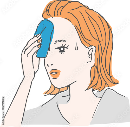 A woman wipes sweat with a handkerchief. She is hot after exercising.