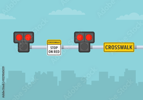 Traffic regulation rules and tips. Close-up view of a high intensity activated crosswalk beacon and sign. Flat vector illustration template.