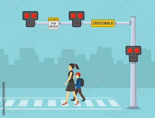 Pedestrian safety. Traffic regulation rules and tips. Female character holds kid's hand while crosses the street on hawk crosswalk. Flat vector illustration template.