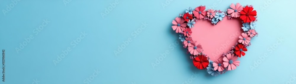 Paper heart wreath, decorated with small flowers, 3D illustration Paper heart wreath, decorated with small flowers, 3D illustration