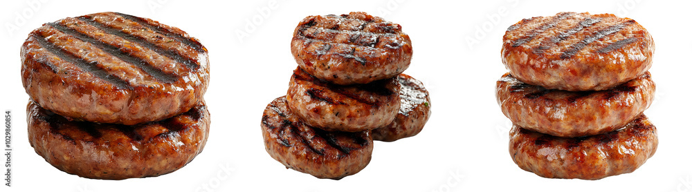 Grilled burger patties isolated on transparent PNG, perfect for fast food menu designs and burger advertisements Grilled burger patties isolated on transparent PNG, perfect for fast food menu designs and burger advertisements