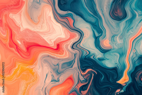 Abstract fluid background, A painting of a blue, pink and white swirl with orange and yellow accents