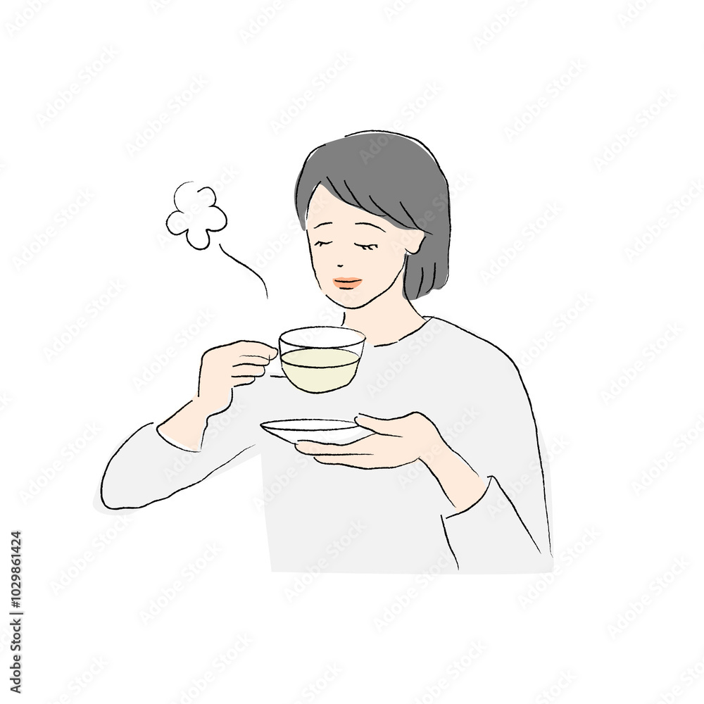 A woman relaxing and holding a cup drinking tea. She enjoys herbal tea, black tea and coffee. A woman relaxing and holding a cup drinking tea. She enjoys herbal tea, black tea and coffee.