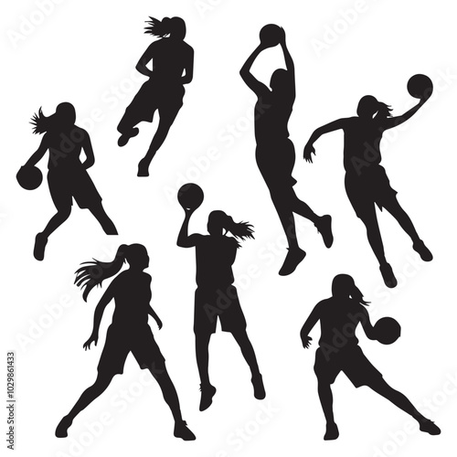 Black silhouette of a women's basketball girl player who jumps high to throw a ball into a hoop with two hands