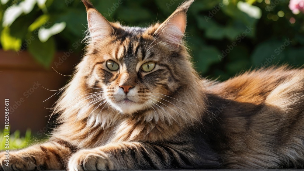 Fototapeta premium Brown maine coon cat lying outside in the garden