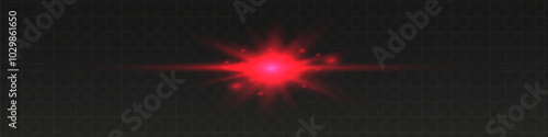 Light red effect reflections, neon illumination in red colors. Bright light lens. Police light effects, lines. Shiny stars, glowing sparks on a black background.