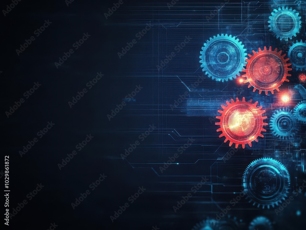 Obraz premium Futuristic gears, glowing light patterns, abstract curve design, radiant scifi background