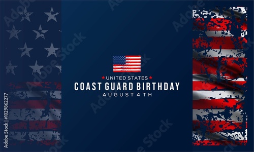 U.S. Coast Guard birthday. August 4. Design with american flag and patriotic stars. Poster, card, banner, background design. photo