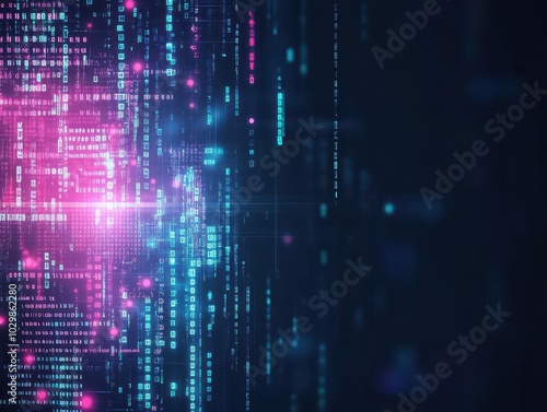 Digital matrix design, glowing binary code, black tech backdrop, cyber data stream