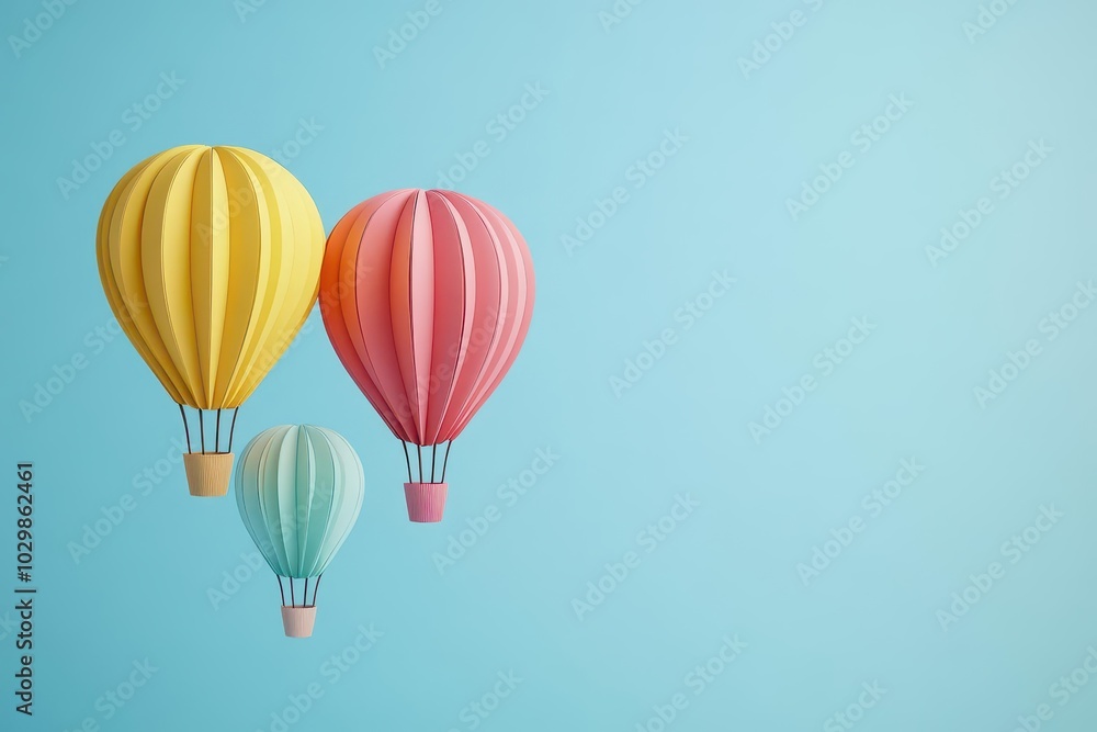 Fototapeta premium Colorful paper hot air balloons, floating in the sky, 3D illustration