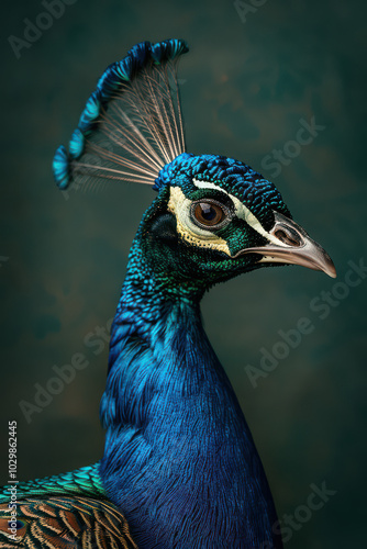 Majestic Peacock Portrait: A regal Indian peacock, captured in exquisite detail against a deep teal backdrop. Its iridescent plumage and piercing gaze exude elegance and power.  photo