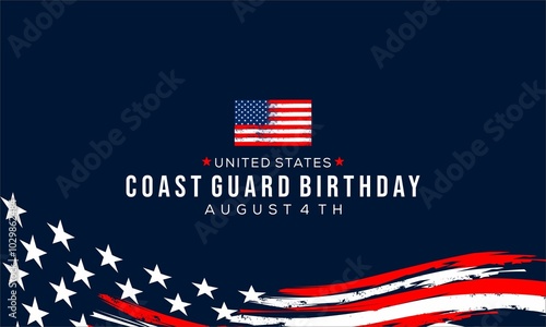 U.S. Coast Guard birthday. August 4. Design with american flag and patriotic stars. Poster, card, banner, background design. photo