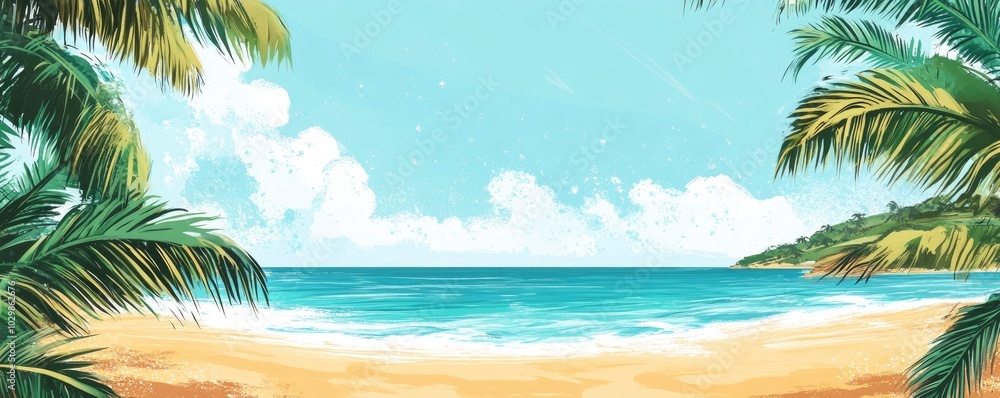 Obraz premium Drawing of a summertime tropical beach backdrop.