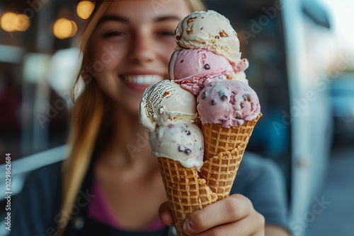 A happy woman holding a cone with four scoops of ice cream.