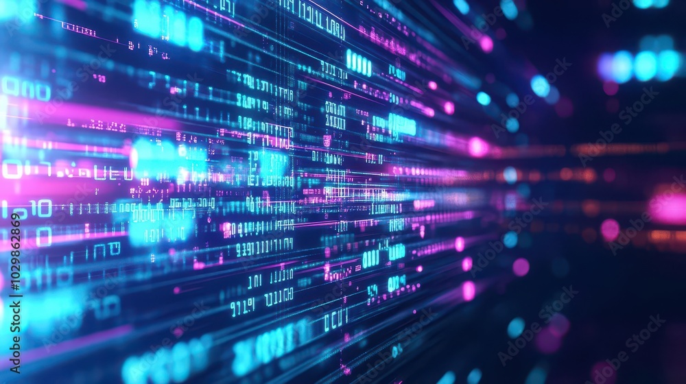 Binary digits in motion, immersive matrix design, glowing neon code Binary digits in motion, immersive matrix design, glowing neon code