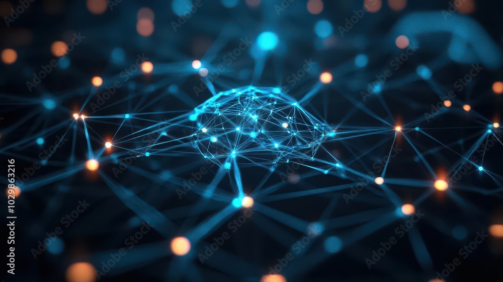 AI neural network with glowing synapses connecting digital nodes, futuristic cyberbrain, dark background with neon accents, deep blue glow AI neural network with glowing synapses connecting digital nodes, futuristic cyberbrain, dark background with neon accents, deep blue glow