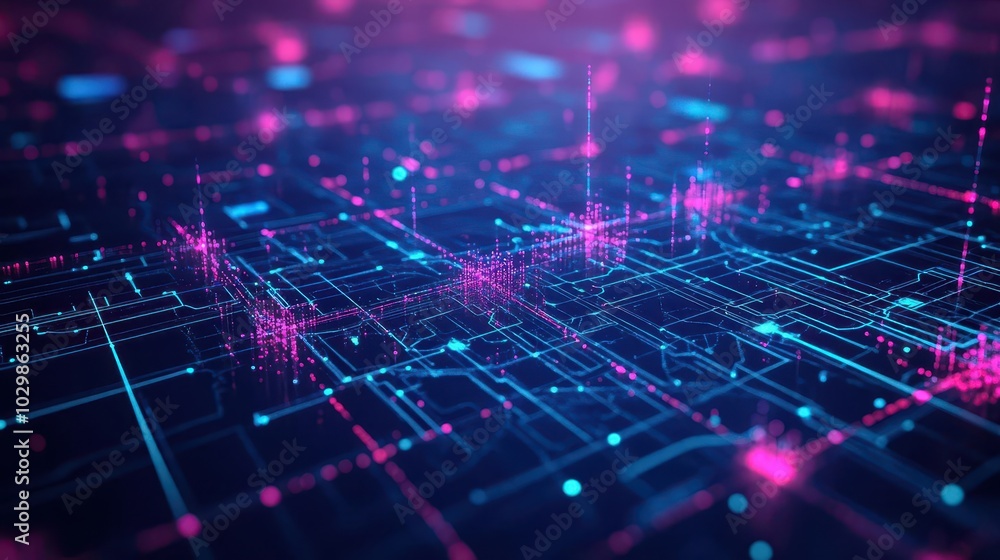 AI connections forming a virtual network with complex data streams flowing between glowing nodes, 3D digital landscape, vibrant blues and pinks, hightech style AI connections forming a virtual network with complex data streams flowing between glowing nodes, 3D digital landscape, vibrant blues and pinks, hightech style