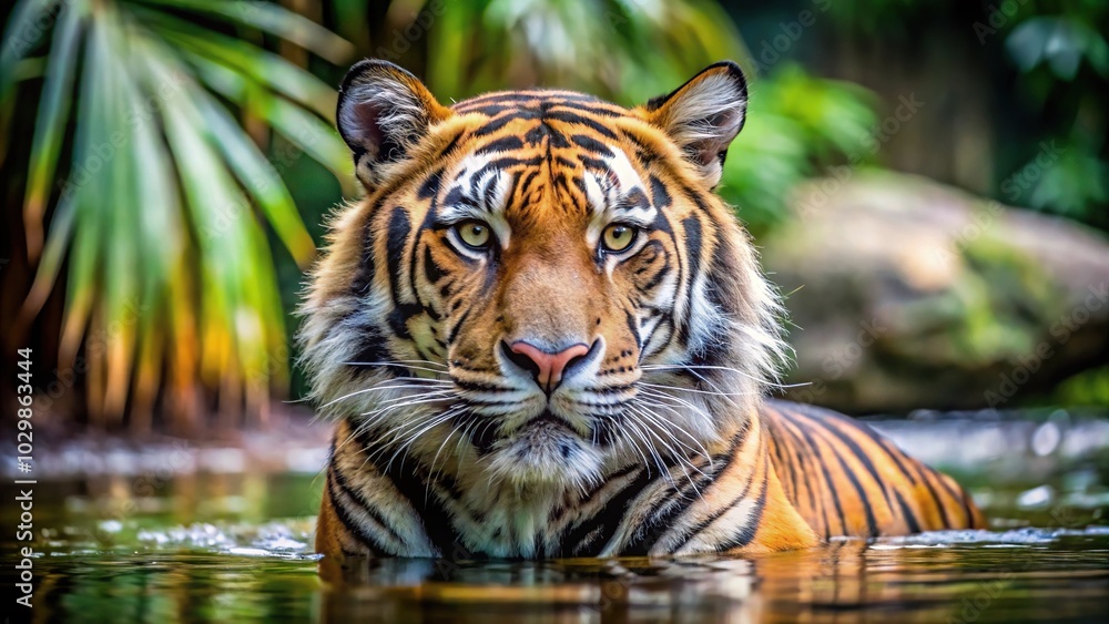 Selective focus of a Sumatran tiger with black and orange striped fur bathing in a pool Depth of Field Selective focus of a Sumatran tiger with black and orange striped fur bathing in a pool Depth of Field