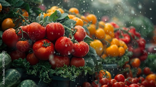 Fresh Red and Yellow Tomatoes in the Rain