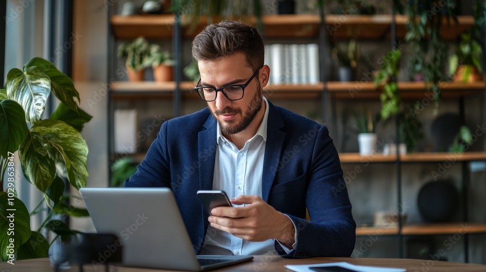 Fototapeta premium A professional businessman using his phone while sitting in a sleek and contemporary workspace.